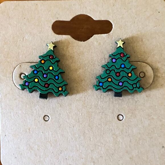 Green Christmas Tree Stud Earrings - Hand Painted Wood, Hypoallergenic - Picture 3 of 4
